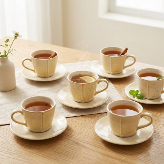 Tea Cup and Saucer Set 6 Pcs With Wooden Stand